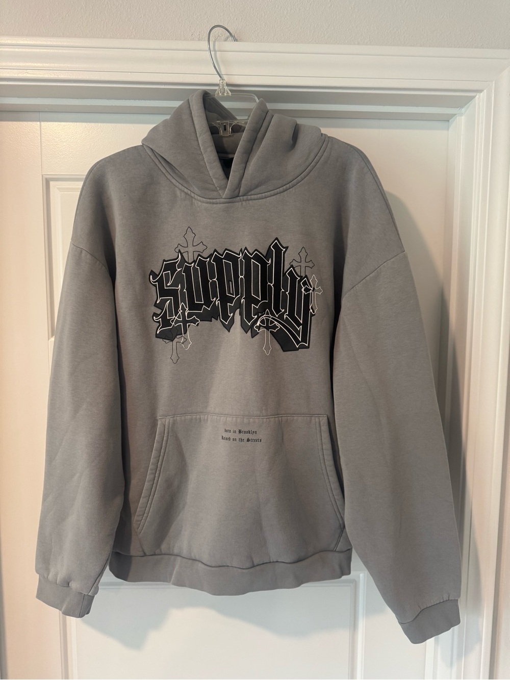 Supply & Demand Gray Pullover Hoodie with Gothic 'supply' Chest Graphic